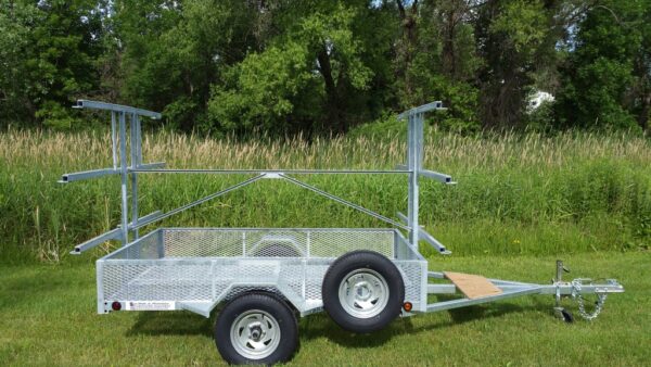 side view of a 5x8 6 place canoe trailer or kayak trailer with mesh gear box